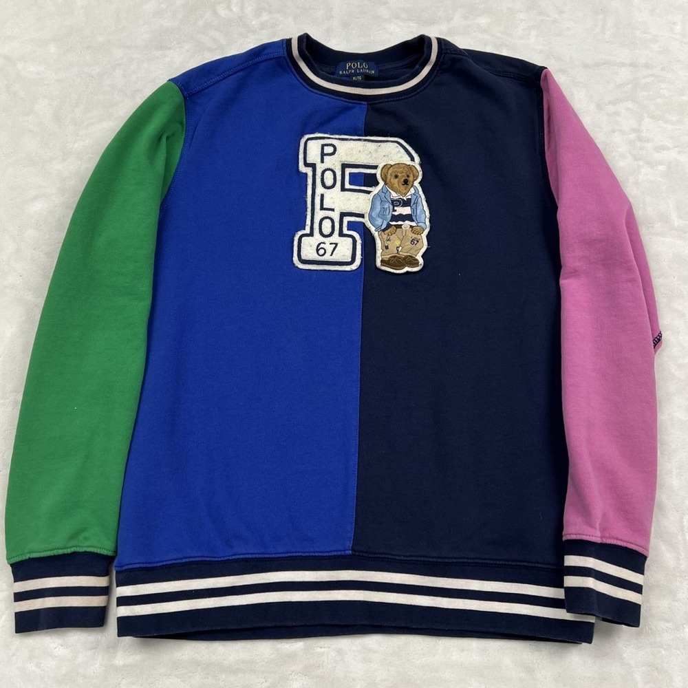 Polo Ralph Lauren Sweatshirt Kids XL Blue Colorblock Polo Bear Varsity Patch